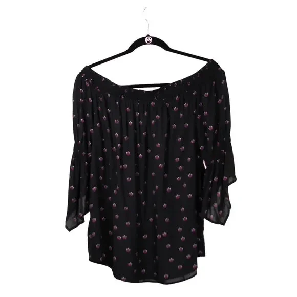 Express Women's Blouse Black Pink Floral Off Shoulder Ribbed 3/4 Sleeve Top M - Picture 2 of 9